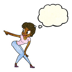 cartoon pretty woman pointing with thought bubble