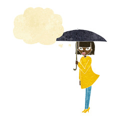 cartoon woman with umbrella with thought bubble