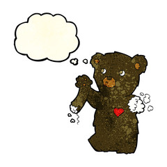 cartoon teddy black bear with torn arm with thought bubble