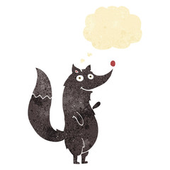 cartoon waving wolf with thought bubble