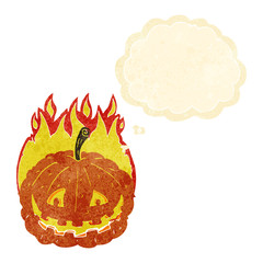 cartoon grinning pumpkin with thought bubble