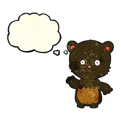 cartoon little black bear waving with thought bubble
