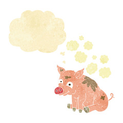 cartoon smelly pig with thought bubble