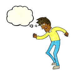 cartoon happy man dancing with thought bubble
