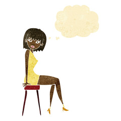 cartoon woman sitting on stool with thought bubble