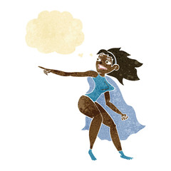 cartoon superhero woman pointing with thought bubble