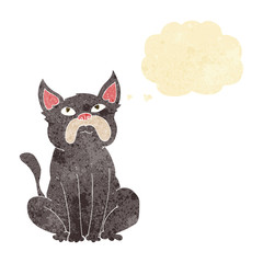 cartoon grumpy little dog with thought bubble