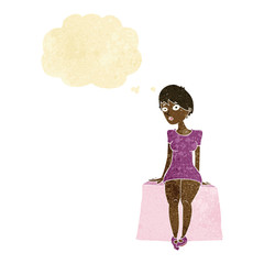 cartoon curious woman sitting with thought bubble