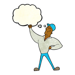 cartoon man striking heroic pose with thought bubble