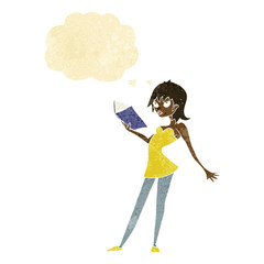 cartoon woman reading book with thought bubble