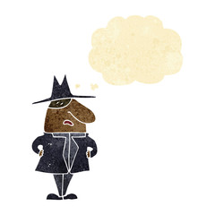 cartoon man in coat and hat with thought bubble