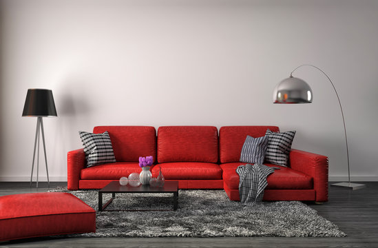 interior with red sofa. 3d illustration