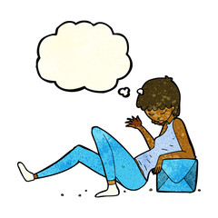 cartoon woman leaning on package box with thought bubble