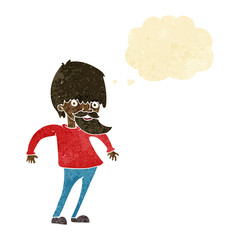 cartoon bearded man shrugging shoulders with thought bubble