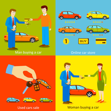 Man buying a car, Woman buying a car, Online car store, Used
