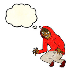 cartoon mischievous boy in hooded top with thought bubble