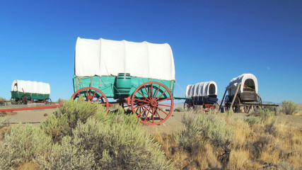 Covered Wagon Train Circled In Camp Along The Oregon Trail