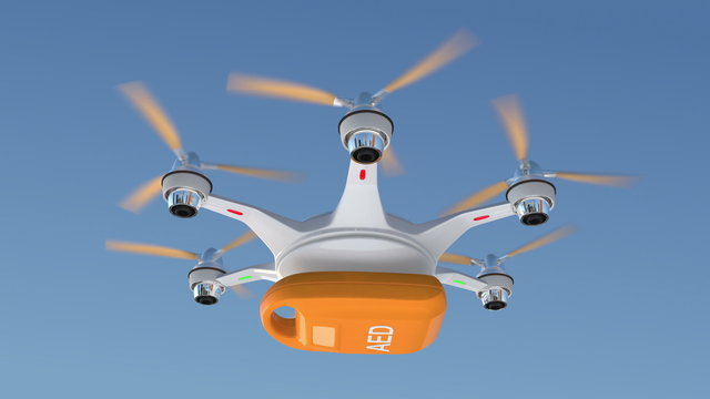 Ambulance drone delivers AED kit for emergency medical care concept. 