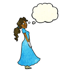 cartoon pretty woman in dress with thought bubble