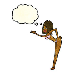 cartoon woman in bikini with thought bubble