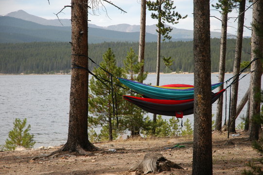 hammock at lake in mountains