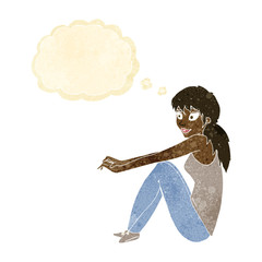 cartoon happy woman sitting with thought bubble