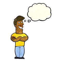 cartoon grinning man with thought bubble
