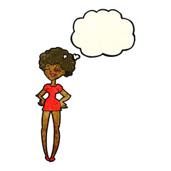 cartoon happy woman with hands on hips with thought bubble