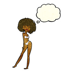cartoon woman in bikini with thought bubble