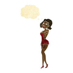 cartoon attractive woman in short dress with thought bubble