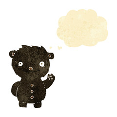 cartoon waving black bear with thought bubble