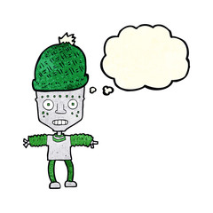 cartoon robot wearing hat with thought bubble