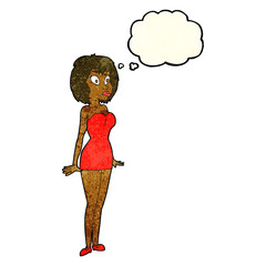 cartoon surprised woman in short dress with thought bubble