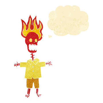 cartoon flaming skeleton with thought bubble