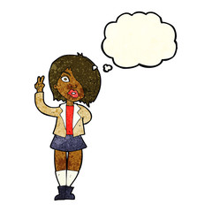 cartoon cool girl giving peace sign with thought bubble