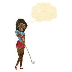 cartoon woman playing golf with thought bubble