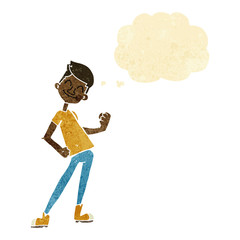 cartoon celebrating man with thought bubble