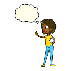 cartoon woman waving with thought bubble