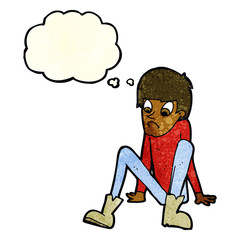 cartoon boy sitting on floor with thought bubble