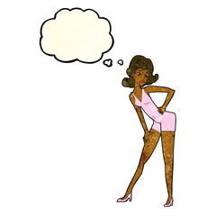 cartoon model woman posing with thought bubble