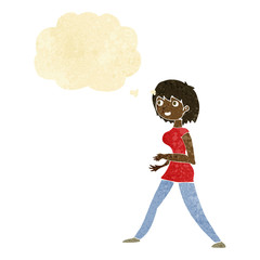 cartoon woman walking with thought bubble