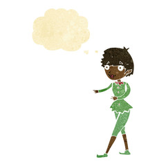cartoon christmas elf woman with thought bubble