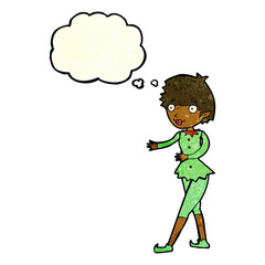 cartoon christmas elf woman with thought bubble