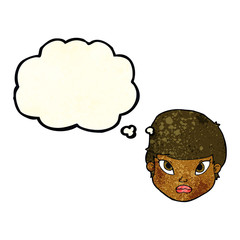 cartoon serious face with thought bubble