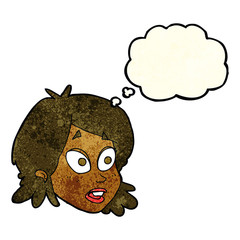 cartoon female face with surprised expression with thought bubbl
