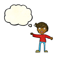 cartoon excited boy with thought bubble