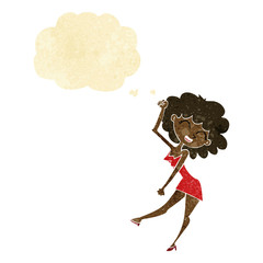 cartoon dancing woman with thought bubble