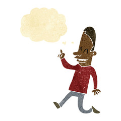 cartoon happy man pointing with thought bubble