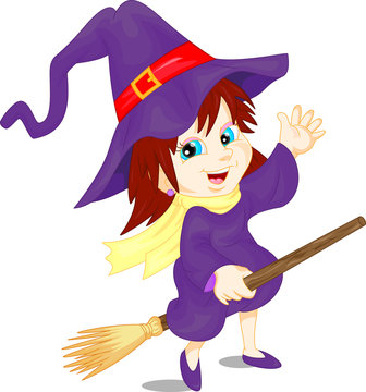 cute girl wearing Halloween Witch and Broomstick costume