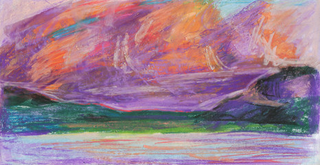 Seascape. Panorama, mountains. Original painting